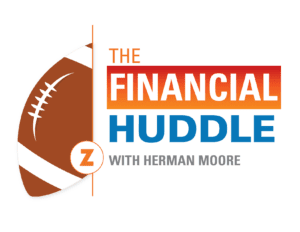 "The Financial Huddle with Herman Moore" stylized next to the Zeal Credit Union Z-logo and a football.